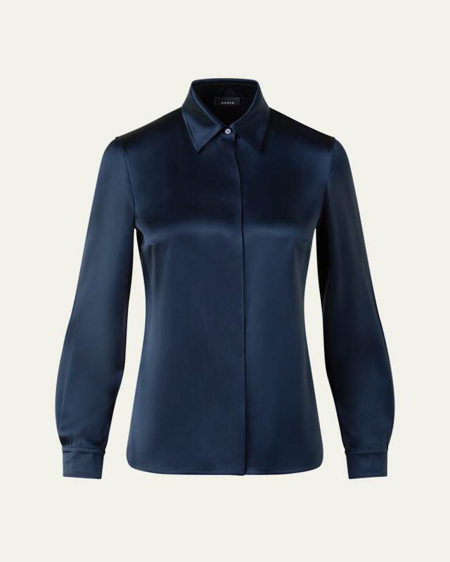 Stretch Silk Satin Button-Down Blouse